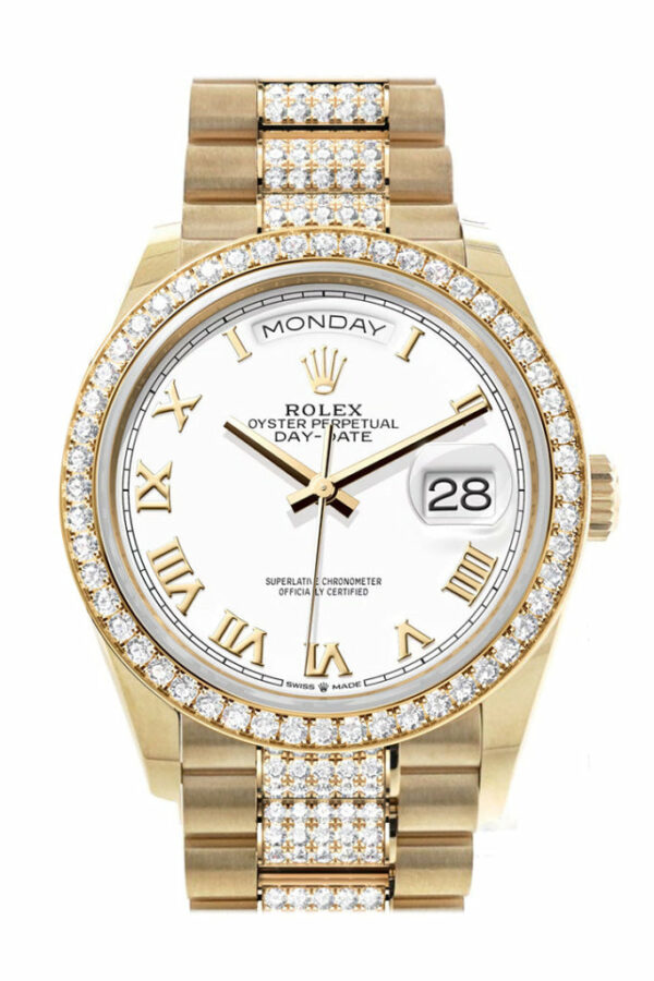 Day-Date 36 White Roman Dial Gold Diamond Bezel Watch 128348RBR-0043 128348RBR