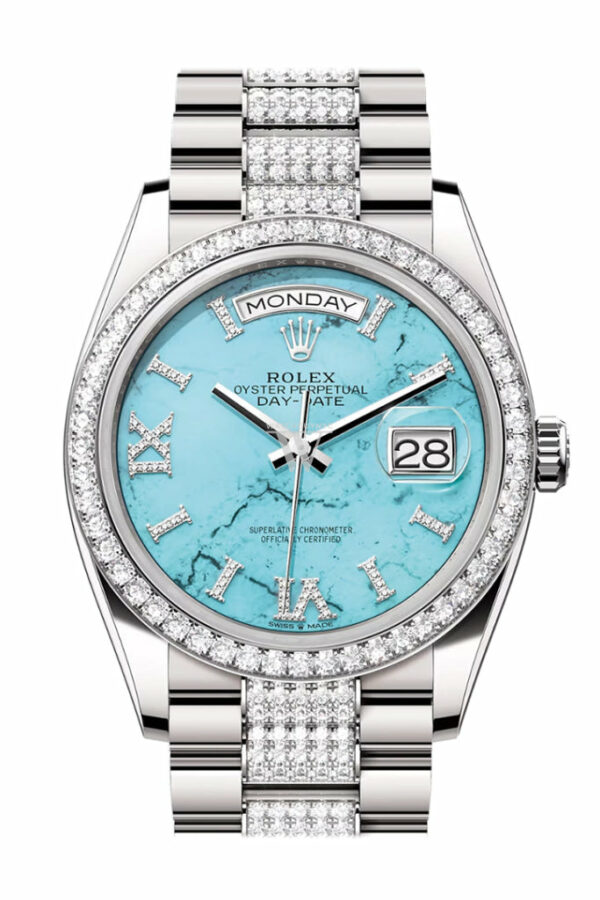 Day-Date 36 Turquoise Diamond Dial Diamond Bezel White Gold Diamond President Watch 128349RBR