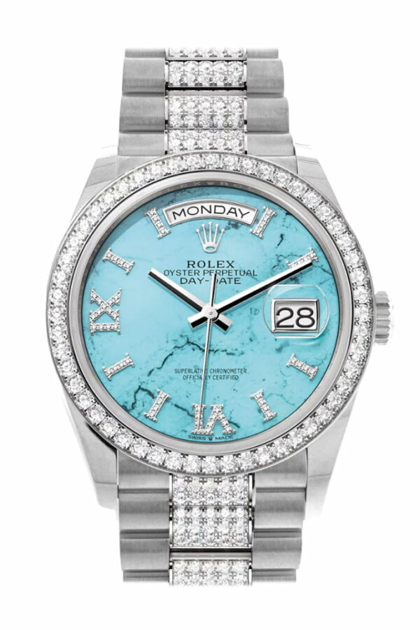 Day-Date 36 Turquoise Diamond Dial Diamond Bezel White Gold Diamond President Watch 128349RBR