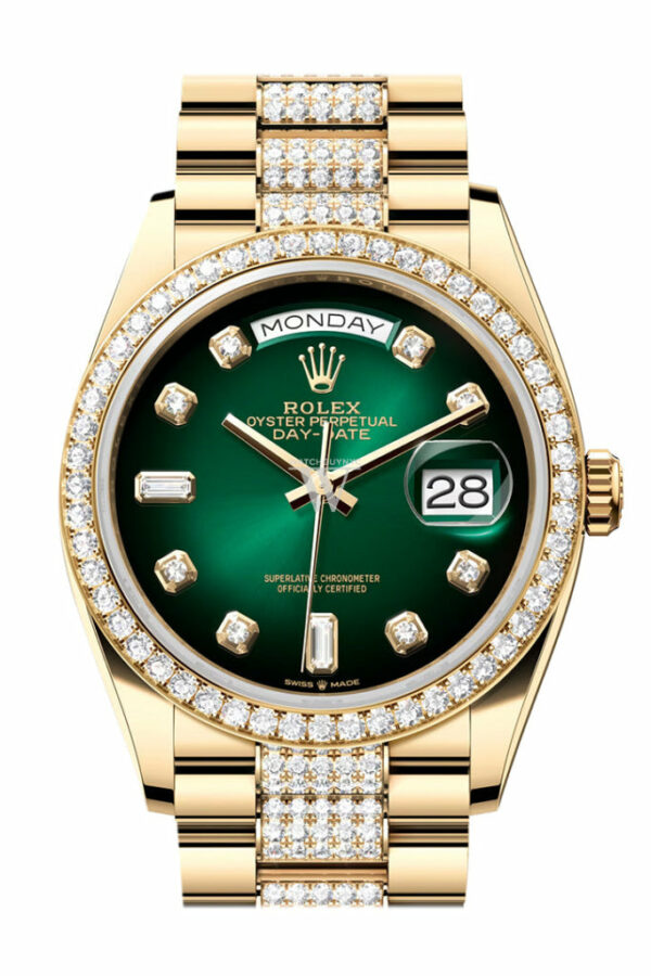 Day-Date 36 Green ombré Dial Gold Diamond Bezel Watch 128348RBR-0036 128348RBR