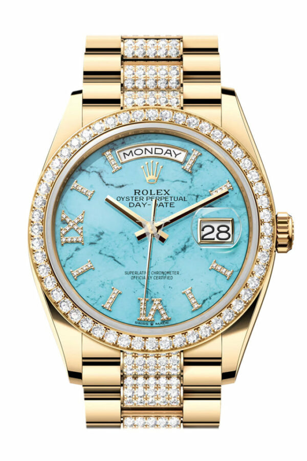 Day-Date 36 Dark Turquoise Diamond Dial Gold Diamond Bezel Watch 128348RBR-0038 128348RBR