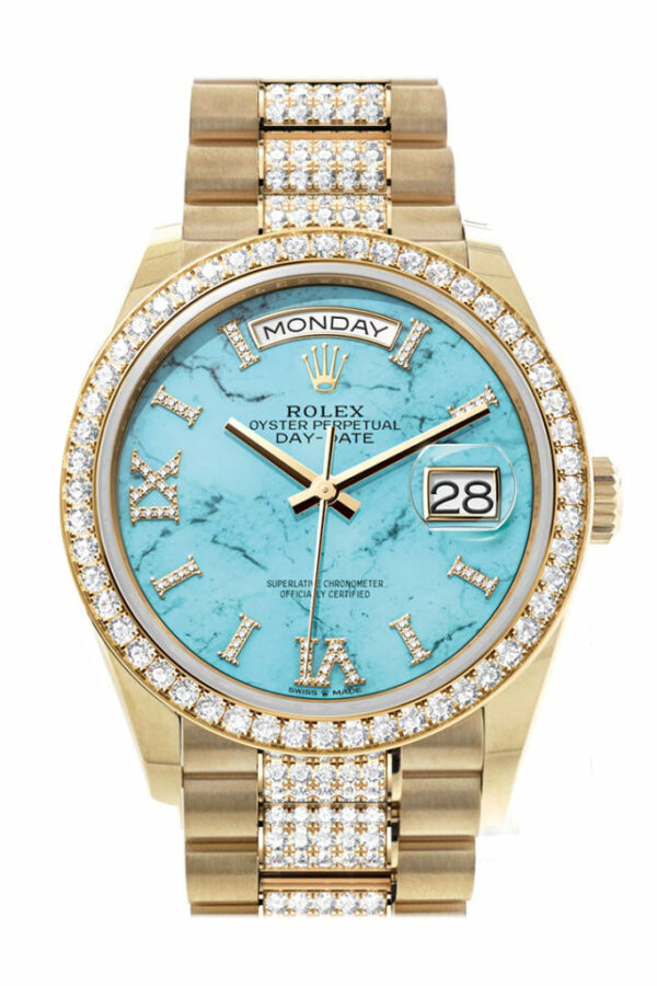 Day-Date 36 Dark Turquoise Diamond Dial Gold Diamond Bezel Watch 128348RBR-0038 128348RBR