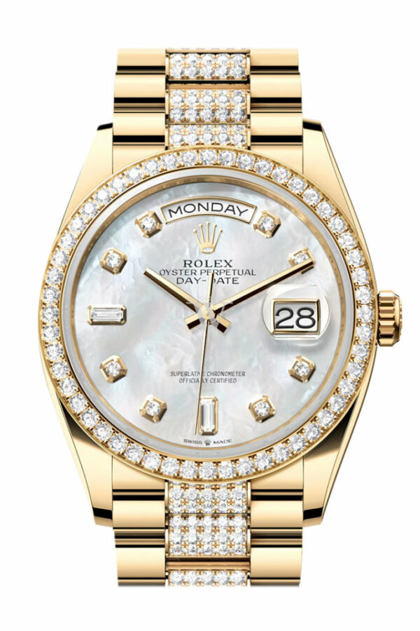 Day-Date 36 Dark Mother-of-Pearl Diamond Dial Gold Diamond Bezel Watch 128348RBR-0019 128348RBR