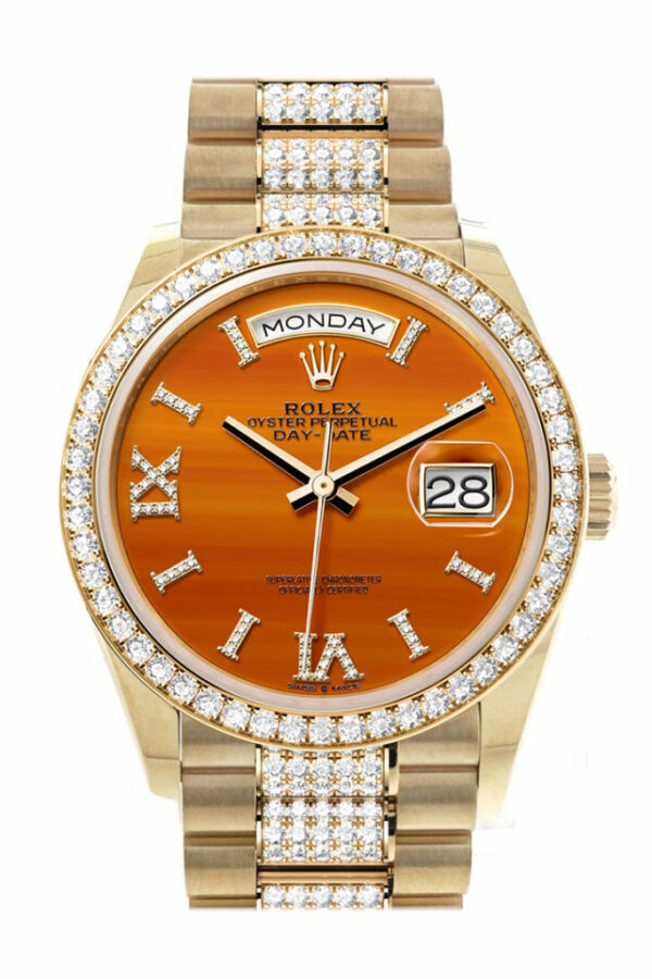 Day-Date 36 Carnelian Dial Gold Diamond Bezel Watch 128348RBR-0050 128348RBR