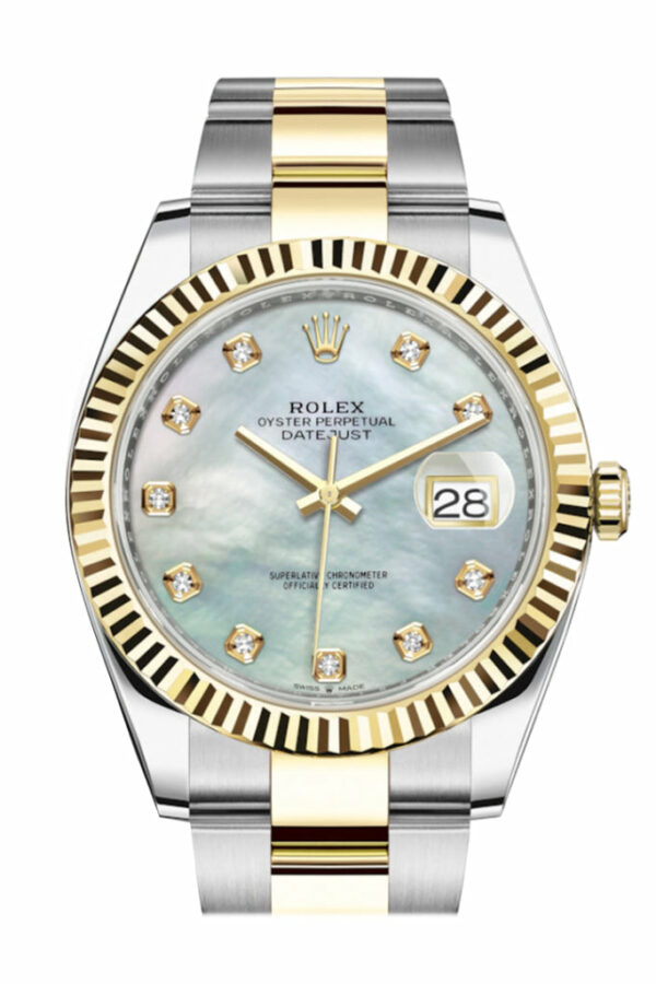 Datejust 41 Mother of Pearl Diamond Dial Fluted Bezel 18k Yellow Gold Mens Watch 126333