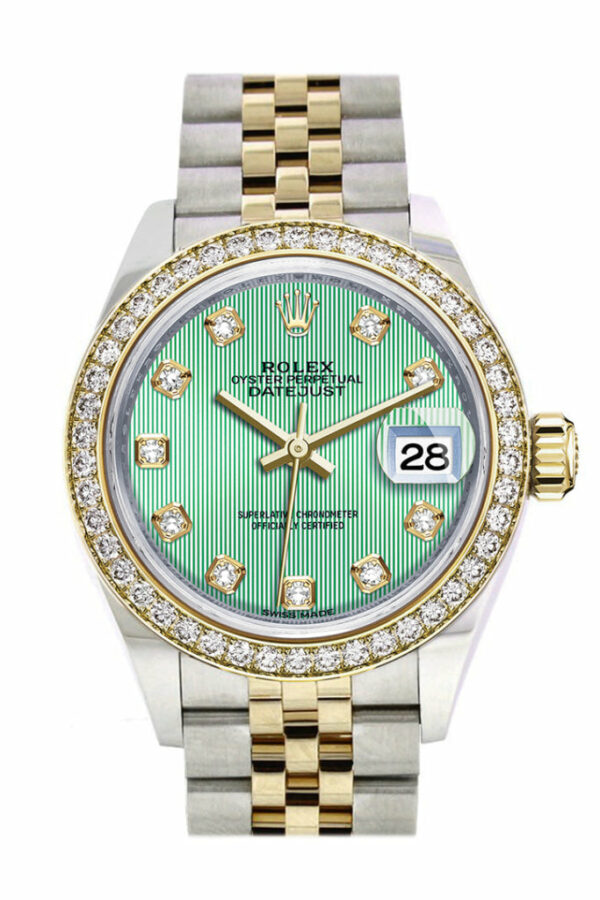 Datejust 28 Mint Green set with diamonds Dial Diamond Bezel Yellow Gold Jubilee Ladies Watch 279383RBR 279383