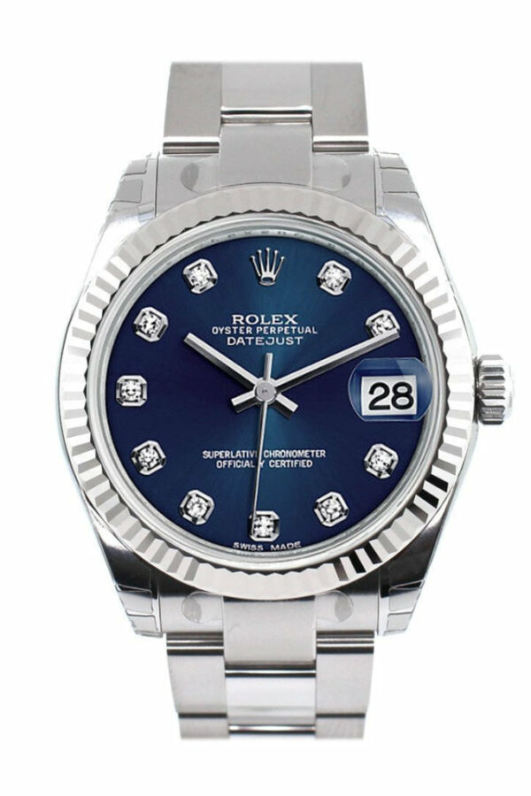 Datejust 31 Blue Set Diamonds Dial White Gold Fluted Bezel Ladies Watch 178274 / None