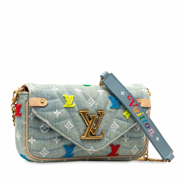 Blue LV Embroidered Monogram Denim New Wave Chain Pochette Crossbody Bag - Image 2