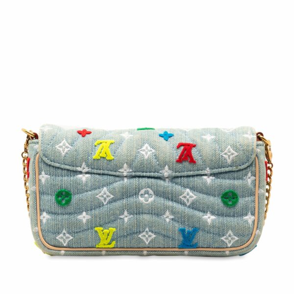 Blue LV Embroidered Monogram Denim New Wave Chain Pochette Crossbody Bag - Image 3