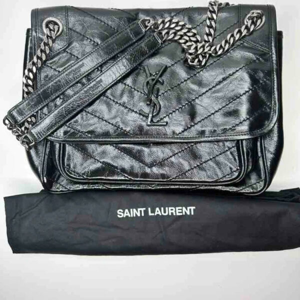 Ysl Crinkled Calfskin Matelasse Monogram Baby Niki Chain Satchel, Black Leather, Medium