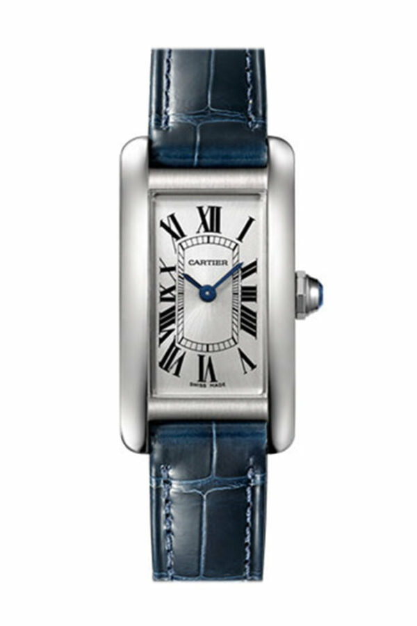 Cartier Tank Americaine Silver Dial Navy Leather Ladies Watch WSTA0016