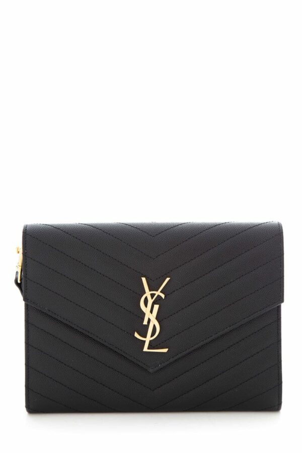 YSL Matelasse Grain De Poudre Black Leather Envelope Flap Pouch Clutch Bag - Image 7