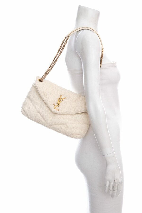 YSL Cream Boucle Tweed Quilted Loulou Puffer Handbag